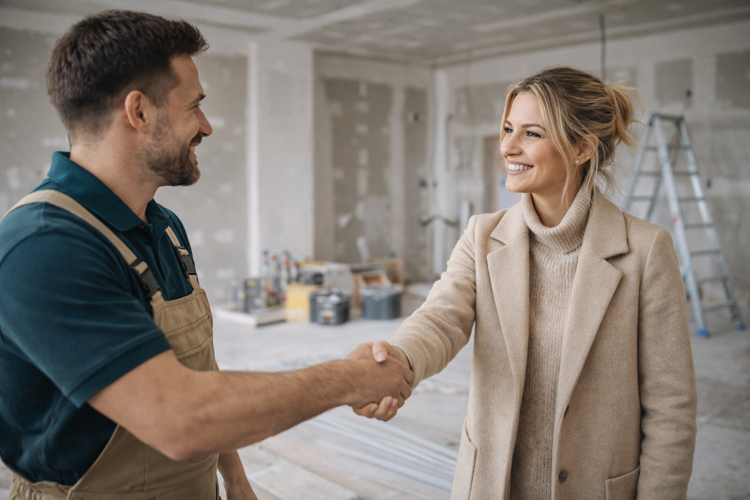Klient ja töötegija lepivad poolelioleva siseviimistluse ruumis töös kokku